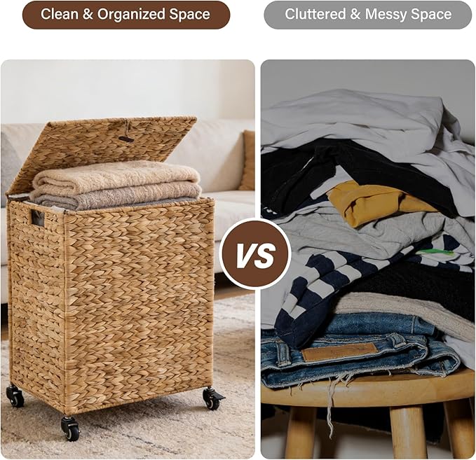 Hand-Woven Laundry Basket with Wheels, Natural Water Hyacinth Laundry Hamper with Lid, Removable & Machine-Washable Liner,Clothes Hamper for Bathroom and Laundry Room(90L,Natural)