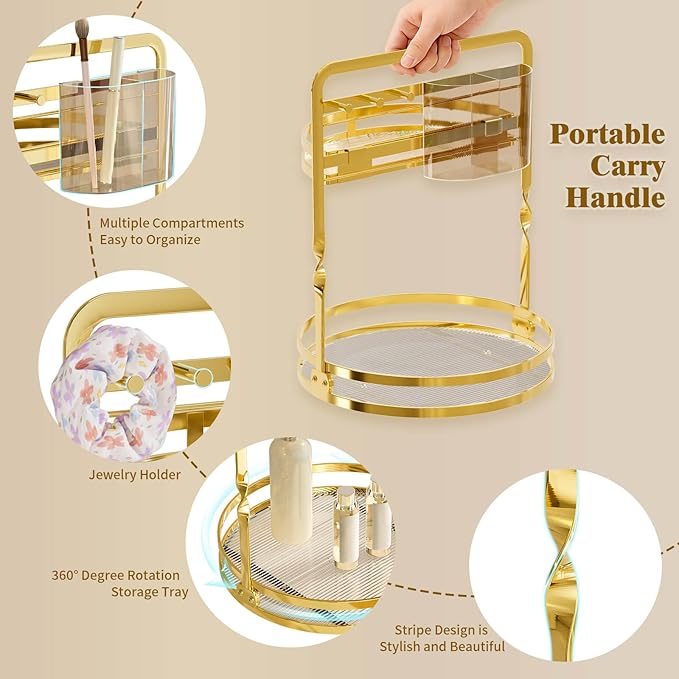 360 Rotating Makeup Organizer, Gold Perfume Organizer, 2 Tier Bathroom Counter Organizer, Multi-Function Spinning Skincare Storage, Cosmetic Display Case with Brush Holder for Vanity Dresser