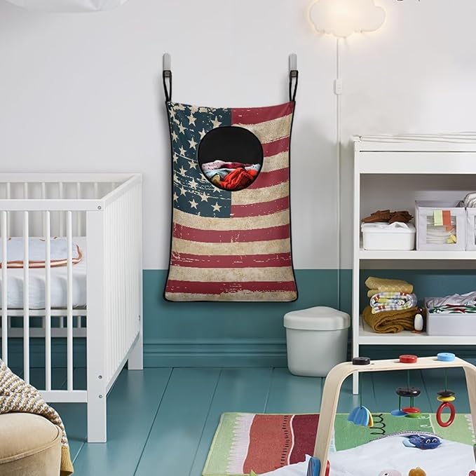 ZOUTAIRONG American Flag Over Door Laundry Hamper Hanging Laundry Bag for Bedroom/Bathroom Decor Space Saving Organizers Toys Storage Laundry Basket for 4th of July
