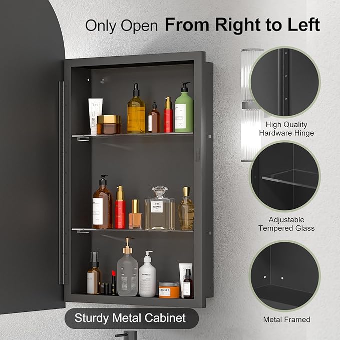 16x31 Black Arched Medicine Cabinet,Recessed Medicine Cabinet with Mirror, Arched Mirror Cabinet with Storage Wall Mounted for Bathroom,Full Assembled