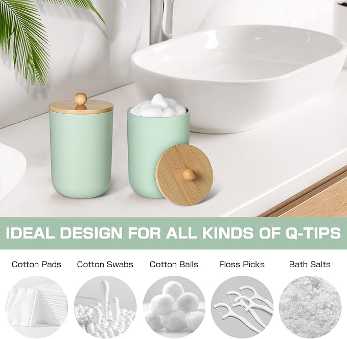 Green Bathroom Accessories Set 5 Pcs, Plastic Sage Green Bathroom Decor, Lotion Soap Dispenser and Toothbrush Holder Set, Qtip & Cotton Ball Holder, Green Bathroom Set, Boho Bathroom Decor