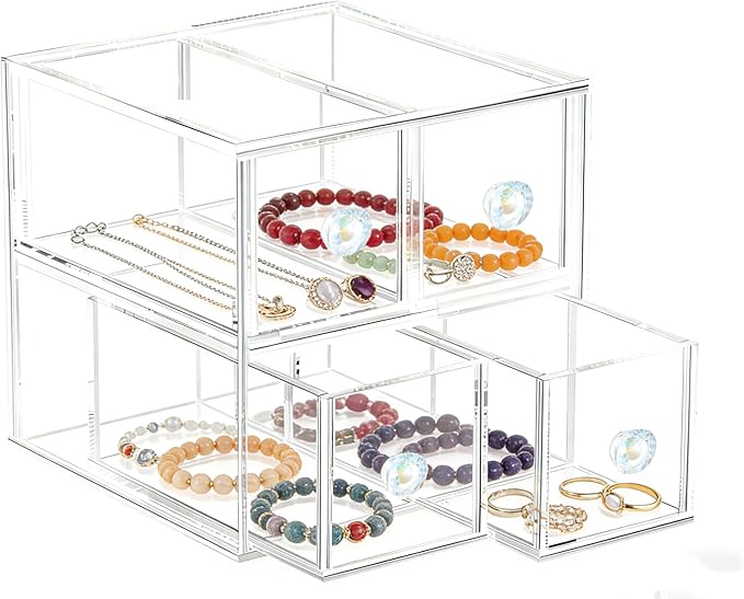 HESIN Clear Acrylic Makeup Organizer with 4 Drawer Trays, Cosmetic Storage for Bedroom, Bathroom, Countertop, Dresser (Medium, 4)