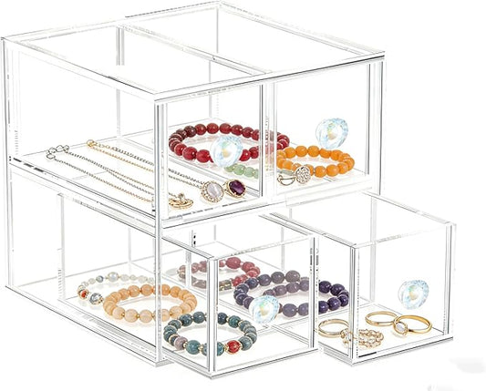 HESIN Clear Acrylic Makeup Organizer with 4 Drawer Trays, Cosmetic Storage for Bedroom, Bathroom, Countertop, Dresser (Medium, 4)