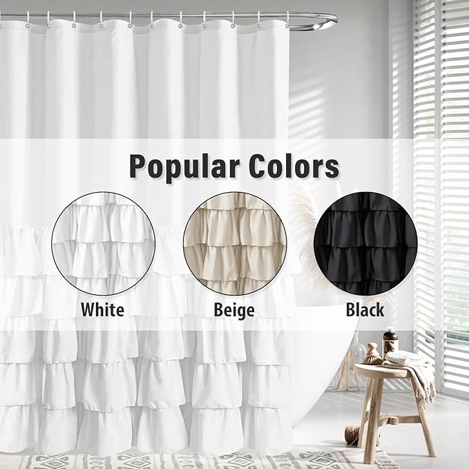 Seasonwood White Ruffle Shower Curtain Farmhouse Shower Curtain 72 X 78 inch Fabric Shower Curtains with Buttons & White Ruffles for Bathroom Bathtubs Decor Accessory