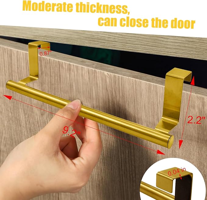 2 Pack 9 Inch Towel Holder, Gold Bathroom Towel Bar Stainless Steel Hand Towel Rack, Over Cabinet Door Towel Bar for Kitchen Bathroom