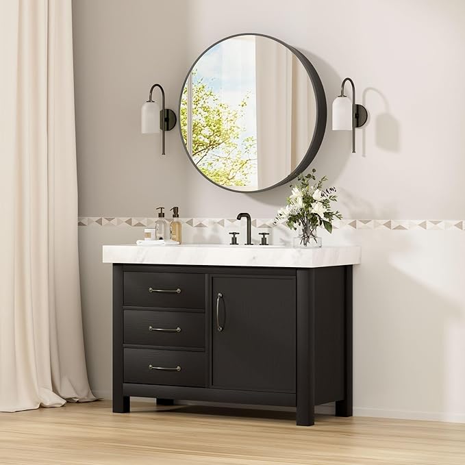 30 x 30 Inch Round Black Mirror Medicine Cabinet Surface Mounted, Circular Modern Bathroom Medicine Cabinet with Mirror, Metal Framed Medicine Cabinets with Tempered Glass Mirror