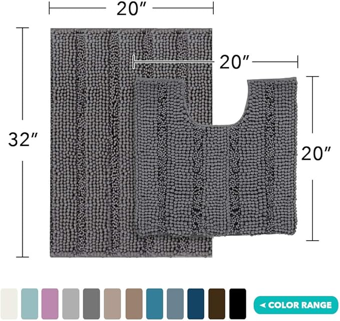 Turquoize Chenille Bathroom Rugs Set Non-Slip Bath Mats for Bathroom Super Absorbent Shaggy Rugs for Tub Shower Toilet Plush Bath Rug Plus U Shaped Rug (Standard: 20" x 32" and 20" x 20" U), Gray