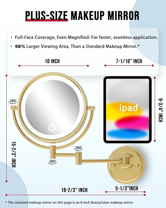 10" Large Lighted Makeup Mirror Wall Mounted, Rechargeable 1X/5X Double-Sided 3 Color Touch Dimmable Extended Swing Arm 360 Rotation Vanity Mirror for Bathroom, Brushed Moderne Brass