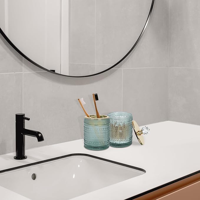 FEILANDUO Bathroom Accessories Set,4Pcs Glass Bathroom Accessories,Vanity Bathroom Decor, Soap Dispenser, Toothbrush Holder Set, Apothecary Jar, Gift for Home Apartment (Green)