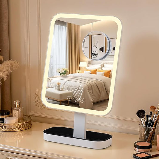 Vanity Mirror with Lights, 1/10X Magnifing，Hollywood Vanity Mirror with 3 Colors Lights & Adjustable, Smart Touch Control Modern Style, Dresser Mount, Bathroom,（16.5" X 9.8" White） Plug in