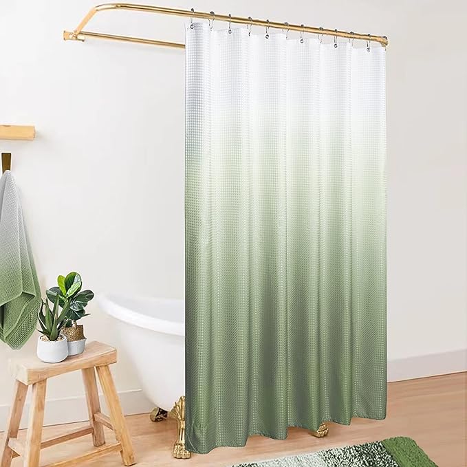 Mrs.Naturall Sage Green Shower Curtain,Ombre Fabric Spring Boho Shower Curtains for Bathroom Decor,Set with Hooks,Light Green and White,72 inch