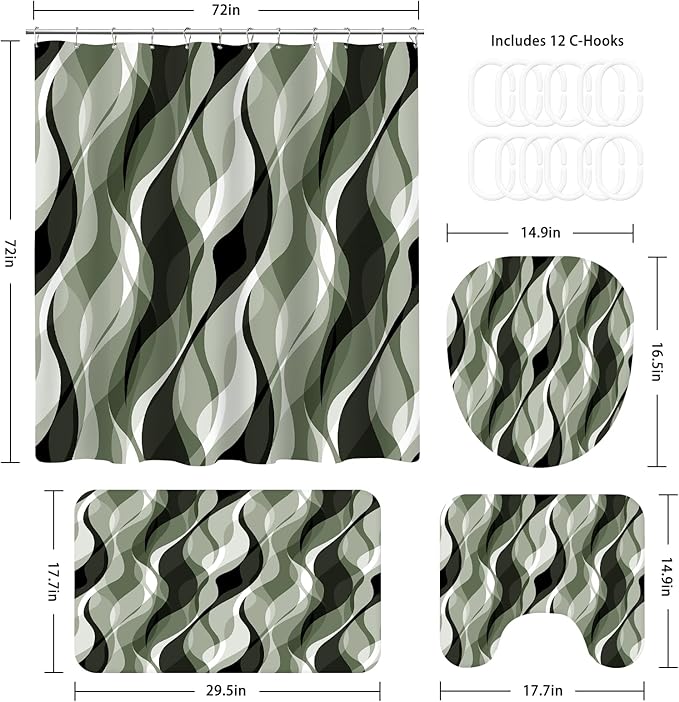 4PCS Sage Green Abstract Shower Curtain Sets with Rugs, Modern Striped Bathroom Sets with Shower Curtain and Rugs, Luxury Bathroom Curtains Shower Set with Toilet Lid Cover