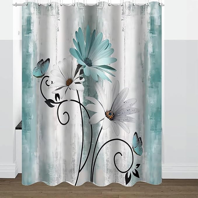 AZHM Rustic Farmhouse Shower Curtain Set 4pcs Farm Teal Daisy Floral Bathroom Decor Set with Shower Curtain and Rugs and Accessories