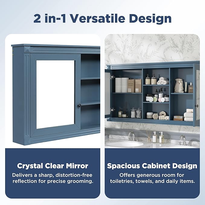 Merax Bathroom Medicine Cabinet with Mirror Door & Adjustable Shelf, 55" x 28" Wall Mounted Bathroom Storage Cabinet with Mirror, Over The Toilet