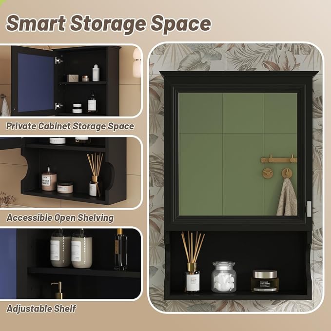 Merax Bathroom Wall Cabinet with Mirror, Wall Mounted Medicine Cabinet with Adjustable Shelves and Open Space, 20" x 28" Mirrored Door Over The Toilet Bathroom Storage Cabinet