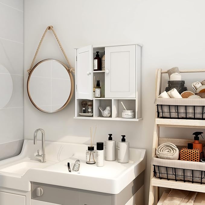 TaoHFE White Bathroom Wall Cabinet with 2 Door Adjustable Shelves,Over The Toilet Storage White Wall Mounted Medicine Cabinets for Bathroom Laundry Room Kitchen | 2 Door, Adjustable Shelves, Wall Mounted