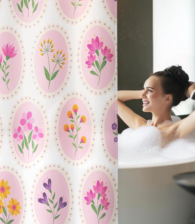 MAMUSE Shower Curtain for Bathroom - Cute Aesthetic Decorative Modern Girly Unique Girls Design Pretty Women Waterproof Fabric Cloth Cortinas de Baño Bathtub 72 x 72 Inch, Circle Flower