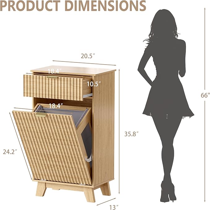 Wodeer Tilt Out Laundry Hamper Cabinet with Storage and Drawer, 10 Gallon Fluted Hidden Trash Can Cabinet, Farmhouse Wood Laundry Basket Cabinets for Bathroom, Kitchen, Natural Oak