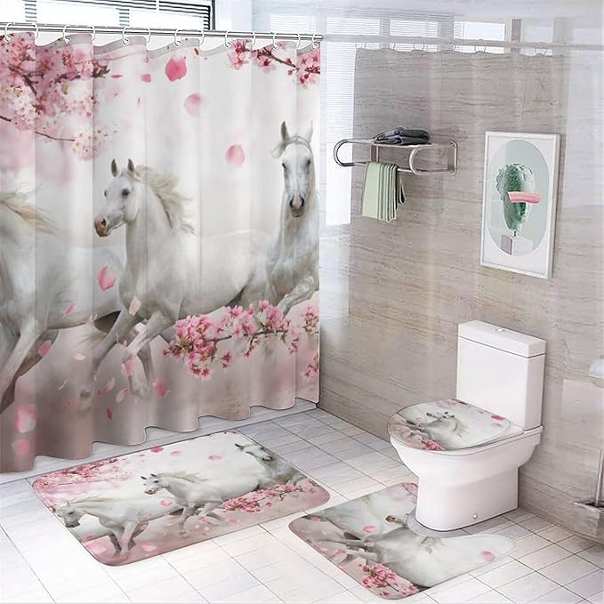 Beautiful White Horse 4 Pcs Waterproof Shower Curtain Set,Realistic Modern Farm Animal Horse Cherry Blossoms with Waterproof Toilet Cover Shower Mat Rugs
