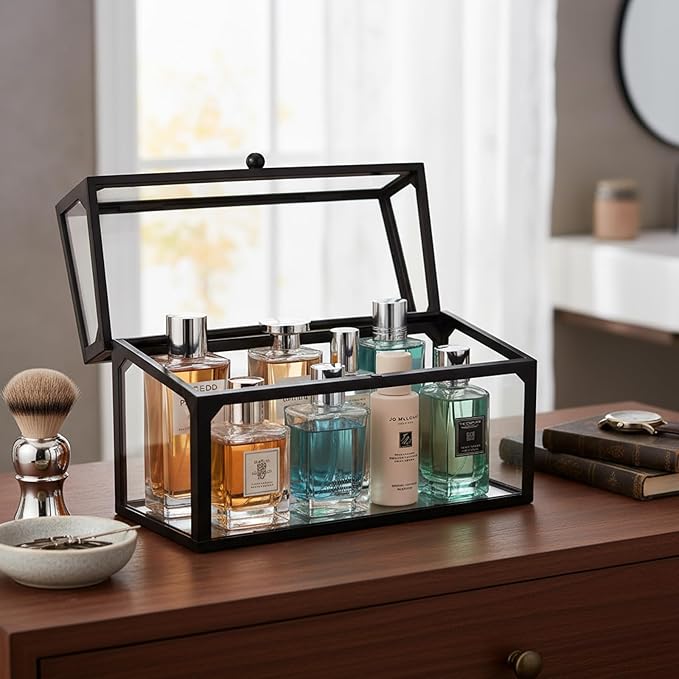 Cologne Organizer for Men, Glass Perfume Stand, Makeup Organizer Countertop, Large Capacity Dustproof Cologne Holder for Watch, Jewelry, Perfume Display Risers, A Gift for Men, Clear