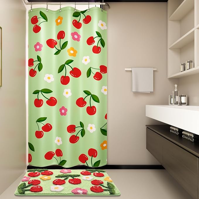 Anybar Fabric Shower Curtain Cute Floral Cherry Curtains Waterproof Soft Polyester Bathroom Curtain- Decor Washable Privacy Cloth Small Stall Shower Curtain for Bathroom Hotel (36x72inch) Green