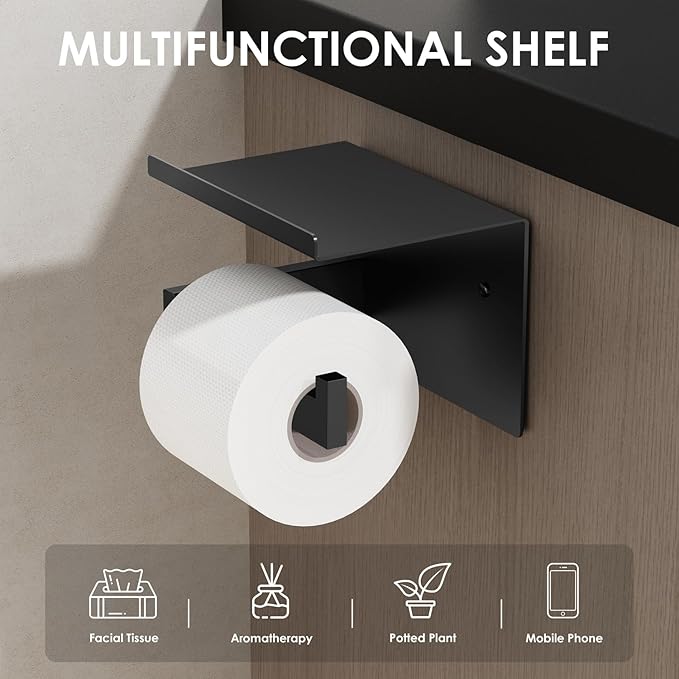 Auxmir Toilet Paper Holder with Shelf, Premium SUS304 Stainless Steel Rustproof Adhesive or Screw Wall Mounted Toilet Roll Holder, Toilet Tissue Holder for Bathroom Kitchen Washroom RV, Matte Black