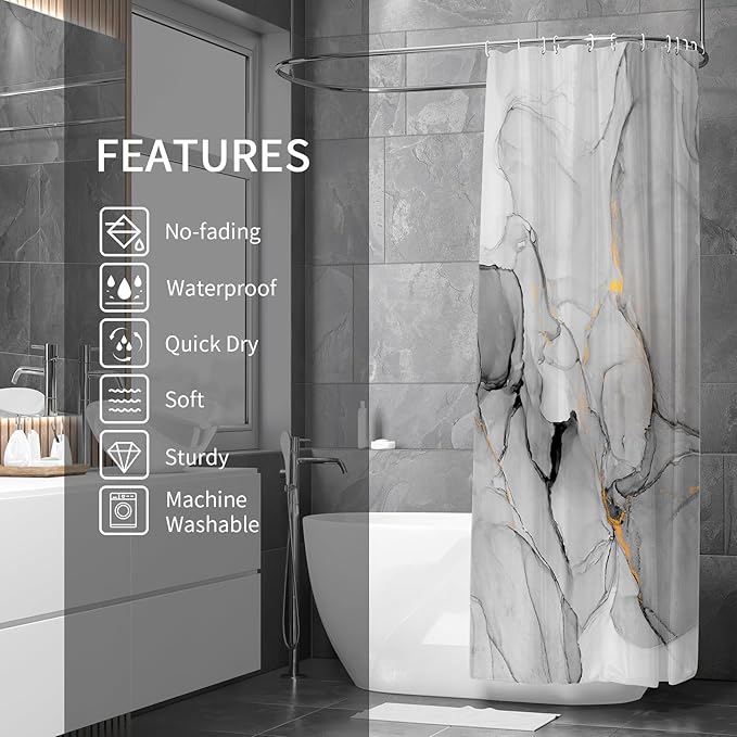 Gibelle Grey Marble Shower Curtain Set, Abstract Silver Gold Stripes Fabric, Modern Ink Art Decor Waterproof for Bathroom, 71x71