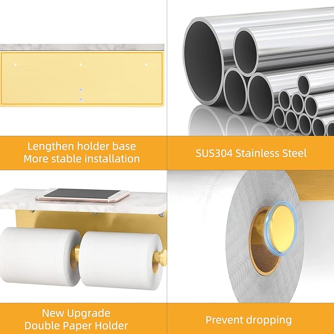 Brushed Gold Toilet Paper Holder with Shelf, New Upgrade Double Toilet Paper Holder with Storage, Marble Roll Toilet Paper Wall Mount for Bathroom Washroom