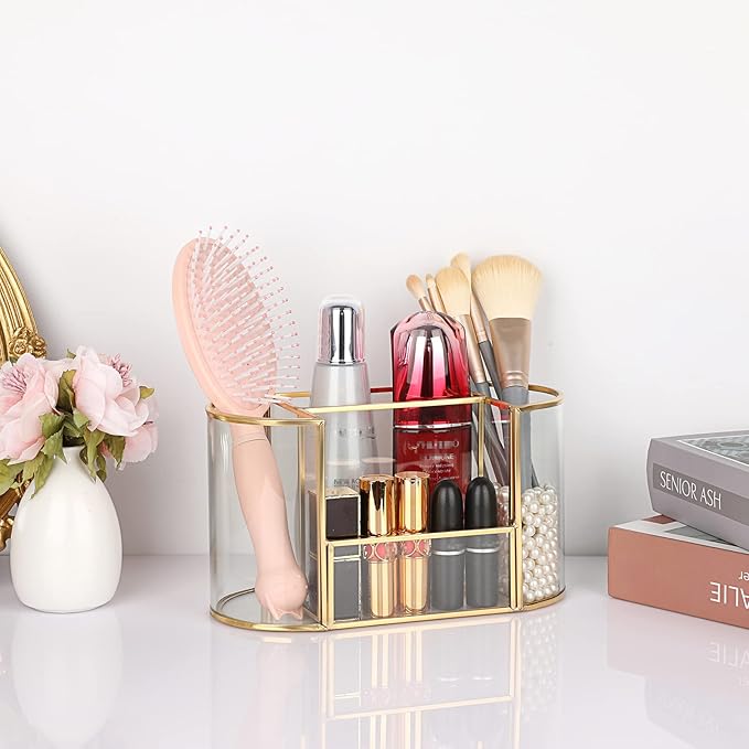 Hipiwe Gold Makeup Brush Holder 4 Slots Glass Cosmetics Brush Organizer Remote Control Holder Pen Holder Vintage Vanity Storage Holder for Brushes Comb Eyeliner fit Dresser Bathroom Office