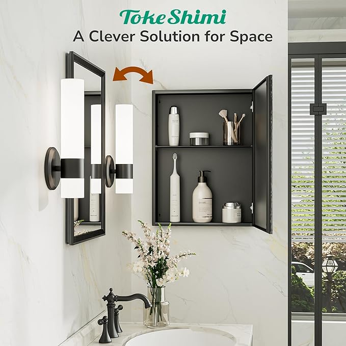TokeShimi 12 x 36 Black Recessed Medicine Cabinet with Mirror, Assembly Required, Bathroom Medicine Cabinet with Mirror, Stepless Adjustable Shelves, Beveled Aluminum Frame, DTC Hinge