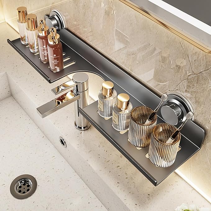 Suction Cup Bathroom Organizer, Over The Sink Soap Dispenser Holder, No Drill Wall Mounted Shelf for Bathroom Vanity, Kitchen Sink, Countertop Storage,60cm