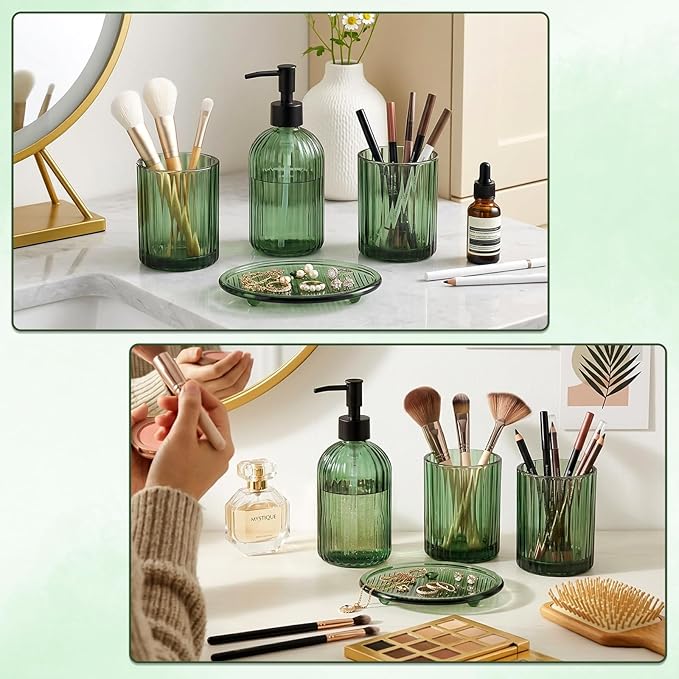 Topsky 4 Pcs Glass Bathroom Accessories Set,13.5oz Liquid Hand Soap Dispenser with Toothbrush Holder,Mouthwash Cup,Soap Dish for Bathroom Countertop,Vertical Stripe Design,Heavy Weight,Army Green