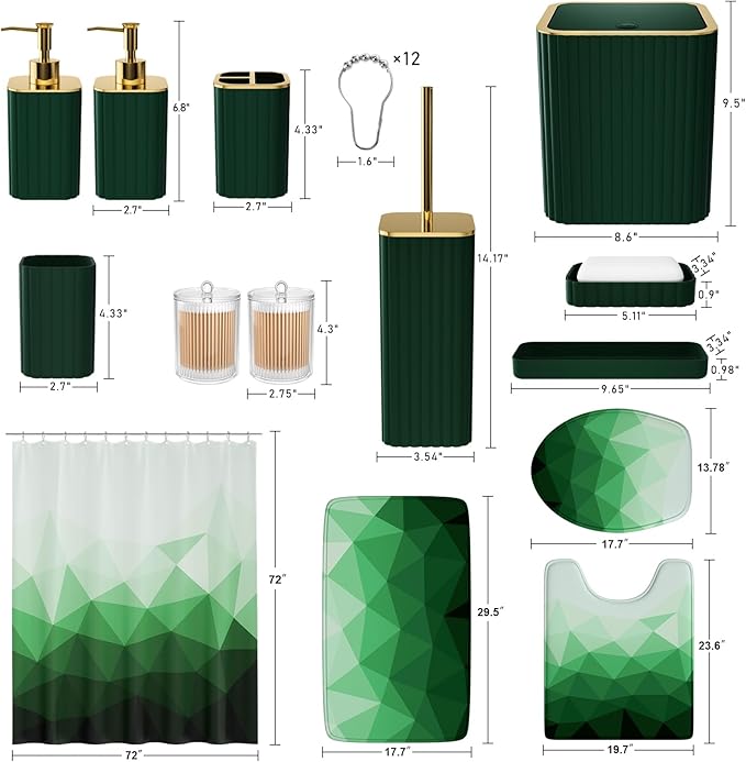XLHOMO Bathroom Accessory Set - 26PC Bathroom Shower Curtain and Rug Set, Bathroom Accessories Set, Green Bathroom Set with Trash Can, Toilet Brush, Qtip Holder & Soap Dispenser