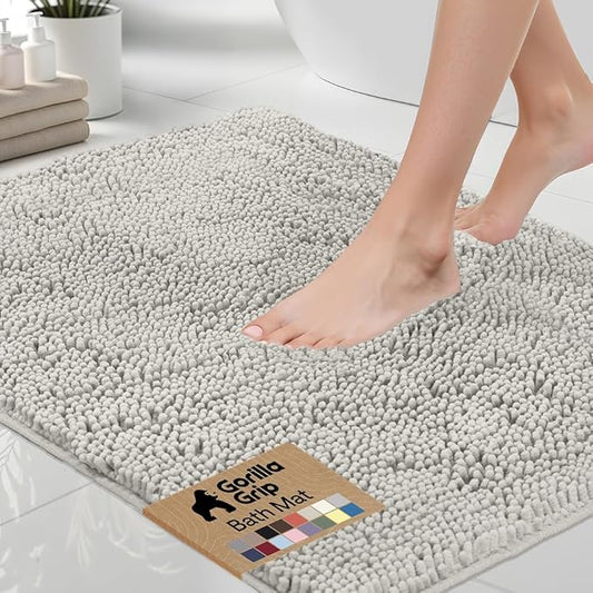 GORILLA GRIP Bath Rug Mat 48x24, Soft Absorbent Chenille, Quick Dry Microfiber Mats, Rubber Backing Washable Shower Floor Rugs, Bathmat Runner, US Designed Bathroom Home Decor Accessories Light Gray