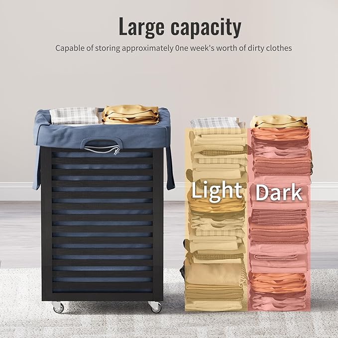 Laundry Hamper with Wheels,Rolling Laundry Basket with Removable Bag,Bamboo Clothes Hampers with Handles for Clothing, Bathroom, Bedroom, Laundry Room (Black)