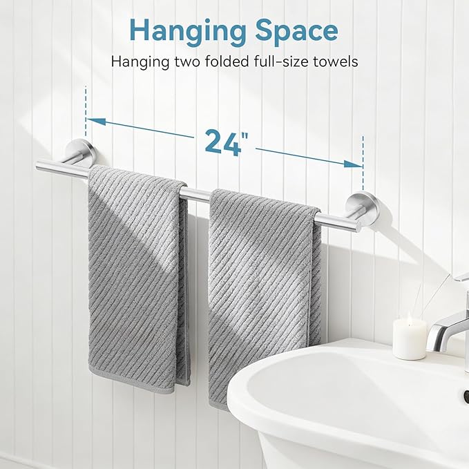 Brushed Nickel Towel Bar, 24 Inch Towel Rack for Bathroom Wall-Mounted, SUS304 Stainless Steel, Total Length 26 Inch 2 Pack