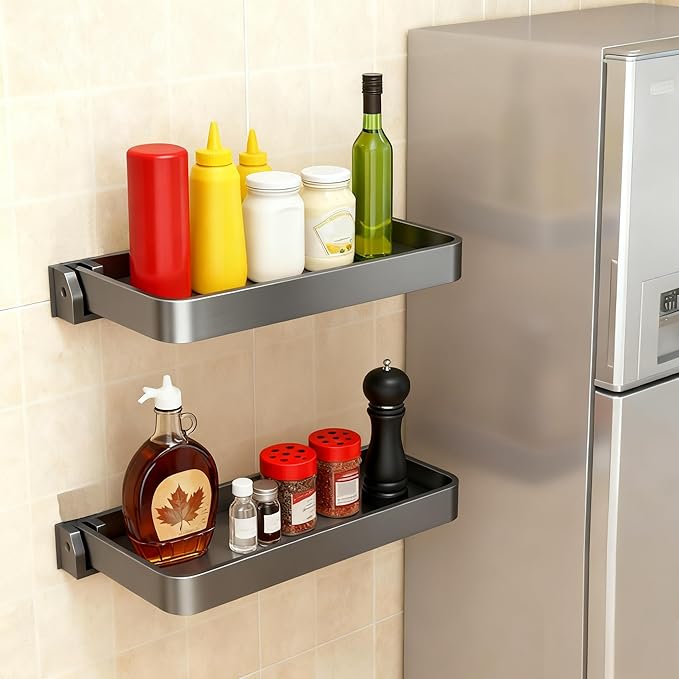 Small Folding Wall Shelf - Waterproof and Rust-Proof 90° fold Down - Easy Installation Folding Metal Shelf, Ideal for RV, Laundry, Toilet, Kitchen and Sofa (Gray 2PCS, 11.8inch)