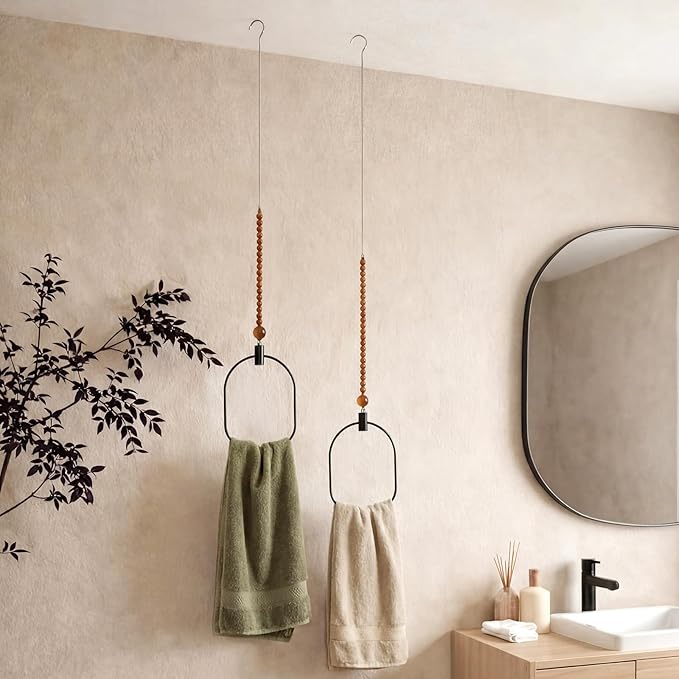 Maxdot 2 Pcs Ceiling Mounted Towel Rack Black Metal Design Vertical Towel Holder Rustic Hand Towels Ring Space Saving Towels Hanger with String and Wooden Bead for Bathroom Kitchen Home Accessories