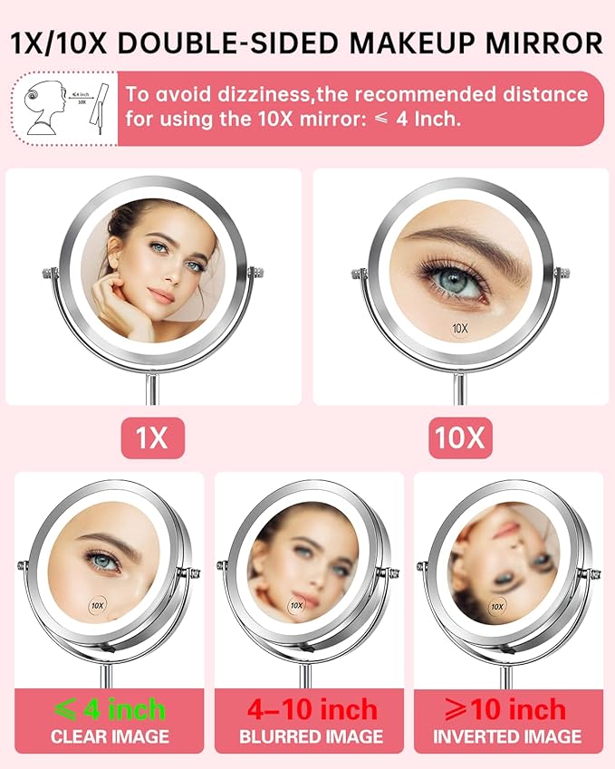 Gospire 7" Lighted Makeup Mirror with Magnification 10X/1X Double Sided, Round Magnifying LED Vanity Standing Cosmetic Shaving Mirror with Battery Operated, Cordless Portable for Bathroom Bedroom