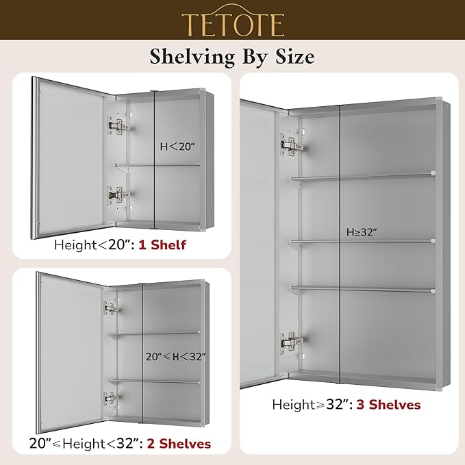 TETOTE 20 x 40 Bathroom Mirror with Storage with Tempered Beveled MirrorSilverMedicine Cabinet Aluminum Cabinet DTC Hinges, Stepless Adjustable Shelves, Recessed/Surface-Mounted