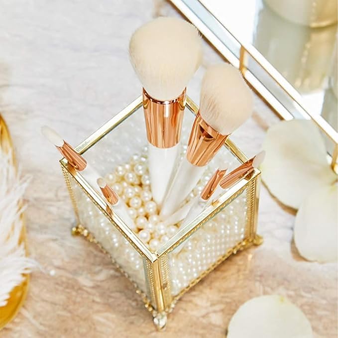 PuTwo Vintage Makeup Brush Holder Glass and Brass Organizer Handmade Cosmetic Brush Storage with White Pearls for Dresser Vanity Countertop - Gold
