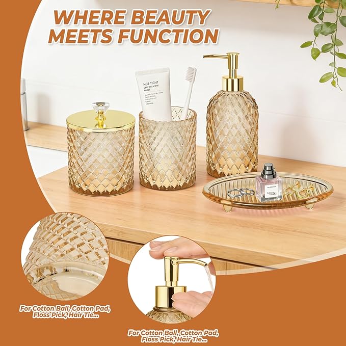 Jenseits Amber Glass Bathroom Accessories Set 4 Pcs - Vintage Diamond Pattern Bathroom Set with Gold Pump - Soap Dispenser, Tray, Toothbrush Holder, Qtip Holder - Rustic Farmhouse Decor