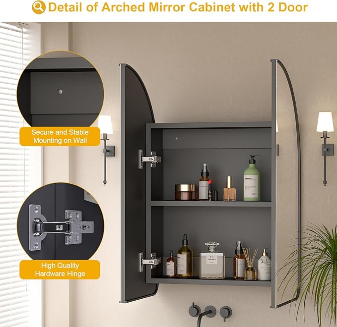 Arched Medicine Cabinet with Mirror,PVC Arched Black Medicine Cabinets Mirror,24x28 Mirrored Medicine Cabinets for Bathroom Mirror Cabinet,Surface Mount Medicine Cabinet,botiquines de baño