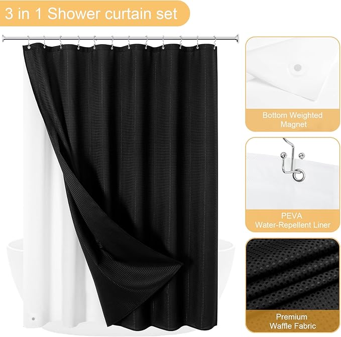 Gibelle 3 in 1 Black Waffle Shower Curtain Set 72x72, Luxury Weighted Fabric Shower Curtain with PEVA Liner, 12 Stainless Steel Double-Sided Hooks, Water Repellent, Bathroom Decor