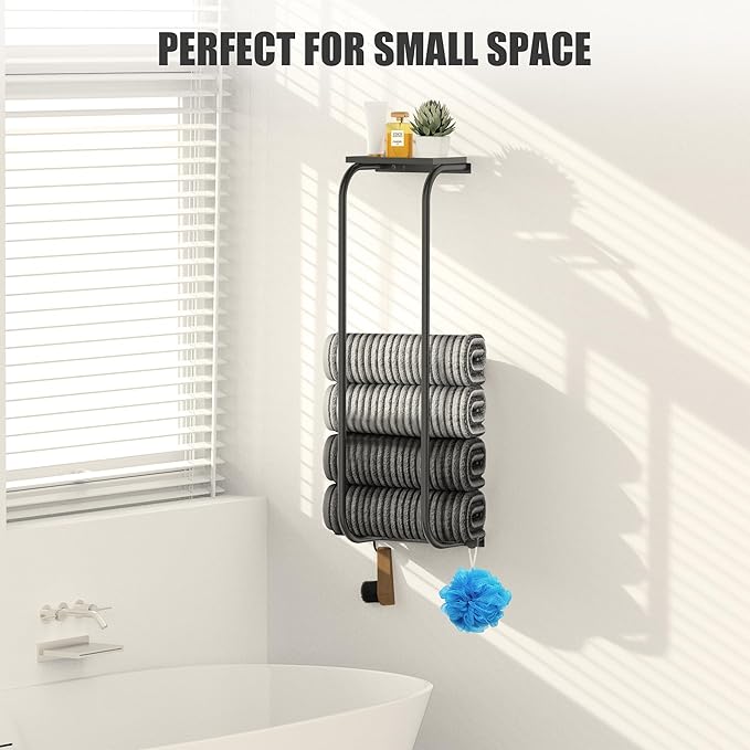 Towel Racks for Bathroom, Curved Bathroom Towel Storage Wall Mounted 30 inch with Shelf Can Holds 6 Large Towels, Wall Towel Rack for Rolled Towels, Black