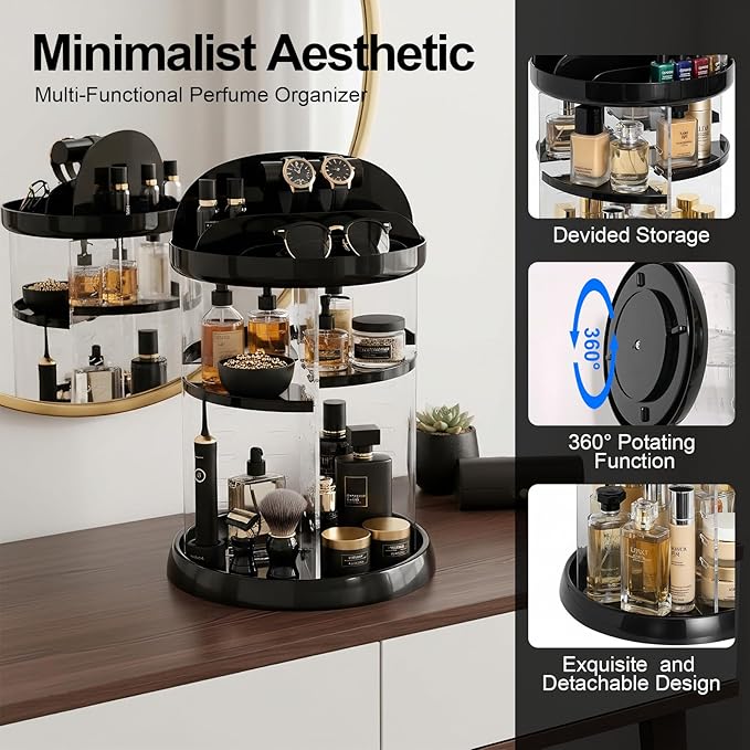 Cologne Organizer for Men,Nightstand Organizer,Cologne Shelf, Cologne Stand,Perfume Shelf with Rotate,Organizador de Perfumes,Dresser Drawer Organizers for Bedroom,Black