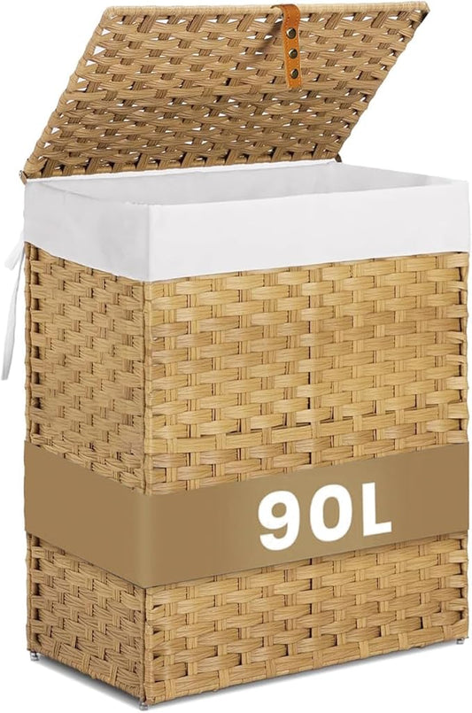 Wicker Laundry Hamper with Lid,24Gal (90 L) Rattan Laundry Basket 2 Sections with Lid, Removable Machine Washable Line, Large Clothes Hamper with Handles for Bathroom Bedroom, Yellow