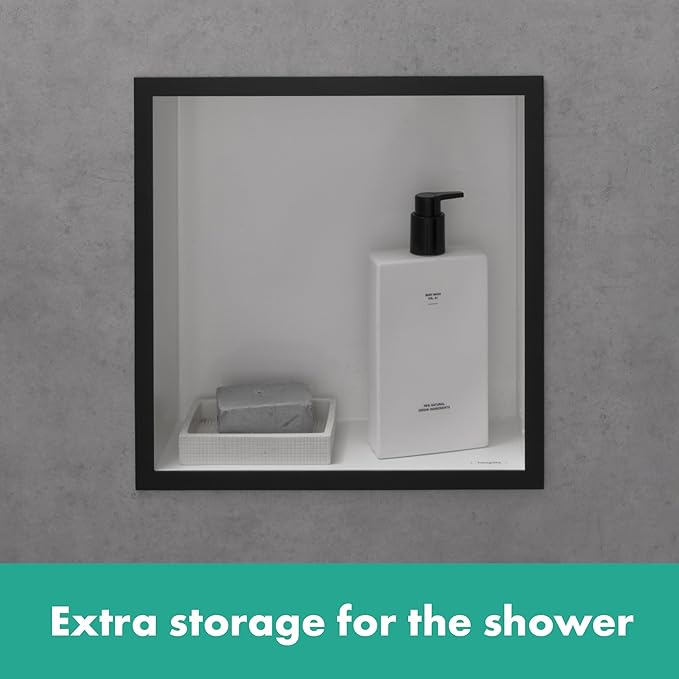 hansgrohe XtraStoris Individual Recessed Wall Niche Matte White with Design Frame 12"x 12"x 4" in Brushed Black Chrome, 56099340