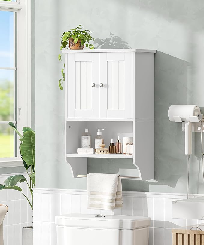 Keehusux Small Bathroom Wall Cabinet with Towel Bar and Adjustable Shelf, Modern Medicine Cabinet with 2 Lined Doors, Wooden Over the Toilet Storage Cabinet for Kitchen, Living Room, Entryway, White