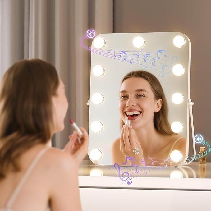 MINISO Vanity Mirror with Lights and Bluetooth Speaker- 10.6" x 13.8" Hollywood Makeup Mirror with 3 Color Lights, Smart Touch Control, Rounded Rectangle White Frame